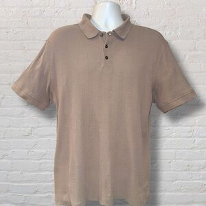 Alfani Stretch Waffle Knit Polo Shirt Mens L Neutral Taupe Ribbed Short Sleeve